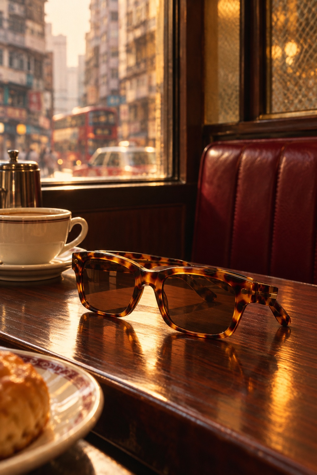 Sunglasses and warm light at a retro café
